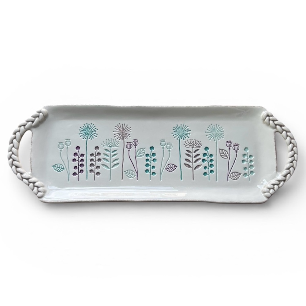 Grasslands Road Ceramic Cheese Tray Purple & Green Floral Design Braided Handles